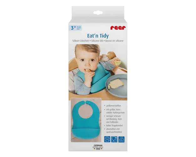 Bavetica Reer reglabila din silicon moale cu buzunar colector Eatn Tidy Albastra 25033