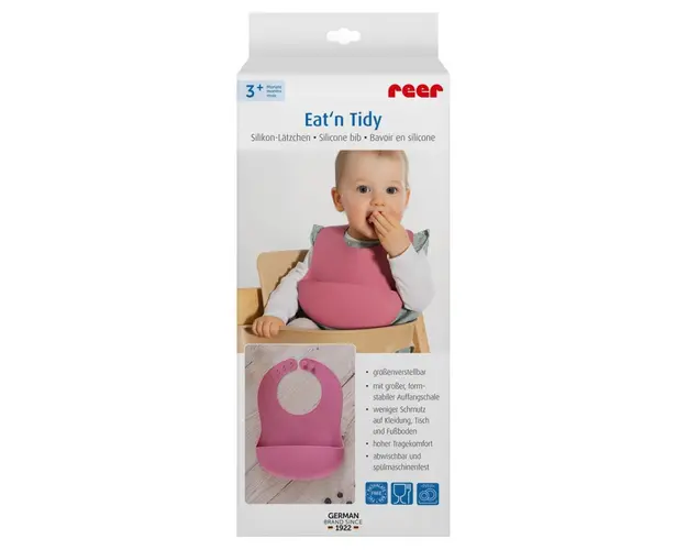 Bavetica Reer reglabila din silicon moale cu buzunar colector Eatn Tidy Roz 25044