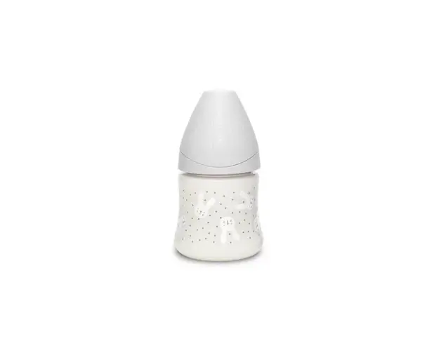 Biberon cu tetina rotunda din silicon debit lent iepuras gri Hygge Suavinex 150 ml