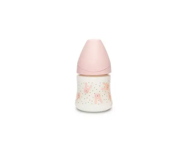 Biberon cu tetina rotunda din silicon debit lent iepuras roz Hygge Suavinex 150 ml