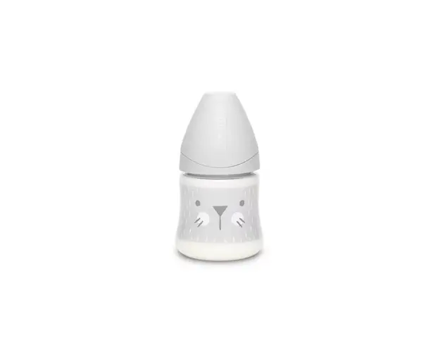 Biberon cu tetina rotunda din silicon debit lent pisica gri Hygge Suavinex 150 ml