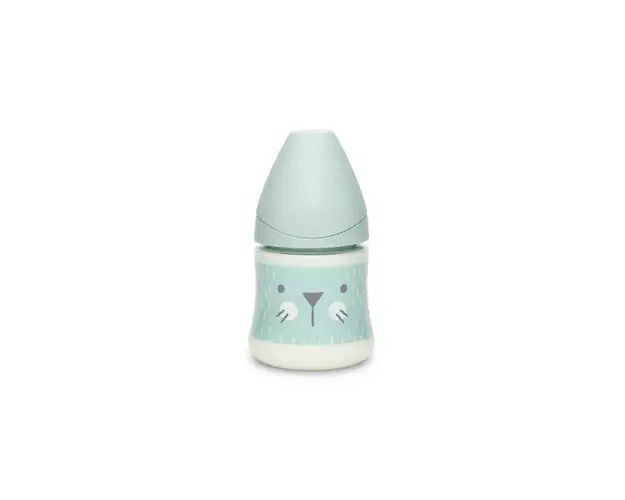 Biberon cu tetina rotunda din silicon debit lent pisica verde Hygge Suavinex 150 ml