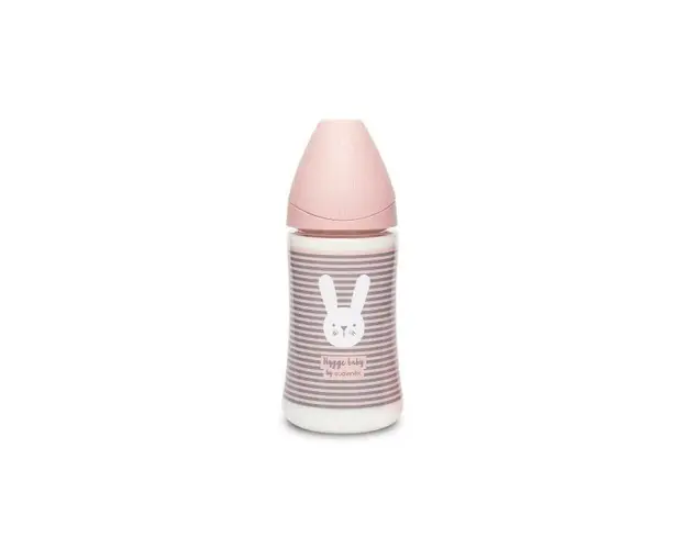 Biberon cu tetina rotunda din silicon cu 3 fluxuri iepuras cu linii roz Hygge Suavinex 270 ml