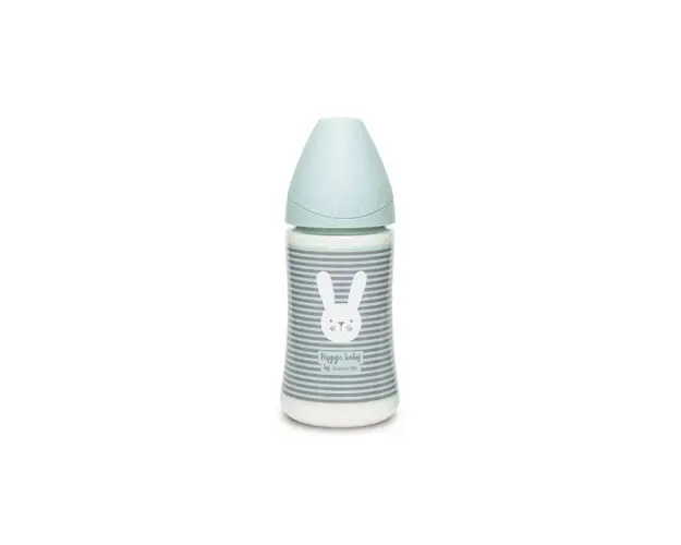 Biberon cu tetina rotunda din silicon cu 3 fluxuri iepuras cu linii verzi Hygge Suavinex 270 ml