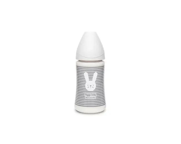 Biberon cu tetina rotunda din silicon cu 3 fluxuri iepuras cu linii gri Hygge Suavinex 270 ml