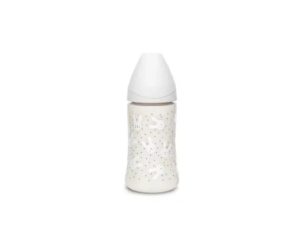 Biberon cu tetina rotunda din silicon cu 3 fluxuri iepuras gri Hygge Suavinex 270 ml