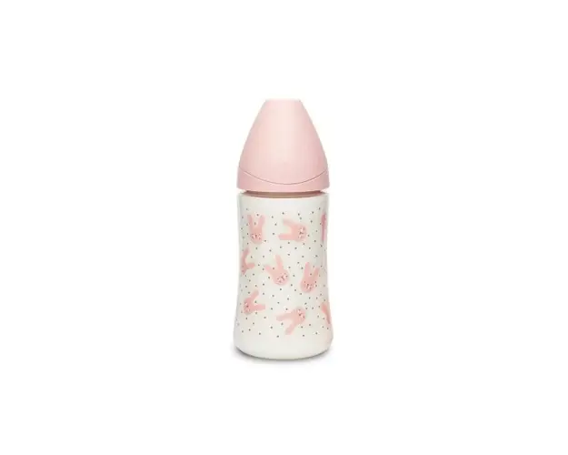 Biberon cu tetina rotunda din silicon cu 3 fluxuri iepuras roz Hygge Suavinex 270 ml