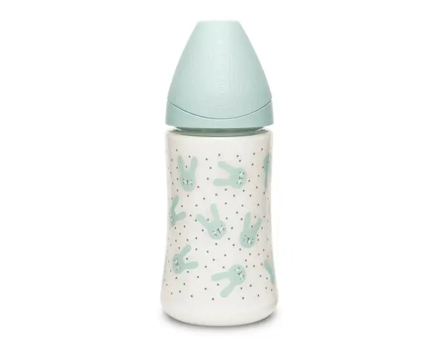Biberon cu tetina rotunda din silicon cu 3 fluxuri iepuras verde Hygge Suavinex 270 ml