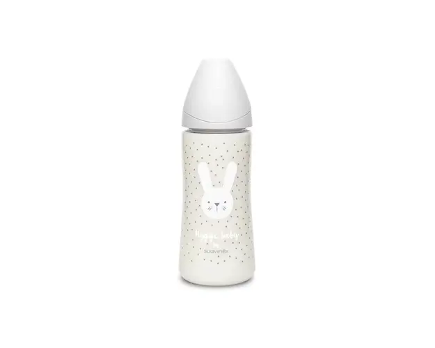 Biberon cu tetina rotunda din silicon debit dens Hygge Suavinex 360 ml iepuras gri