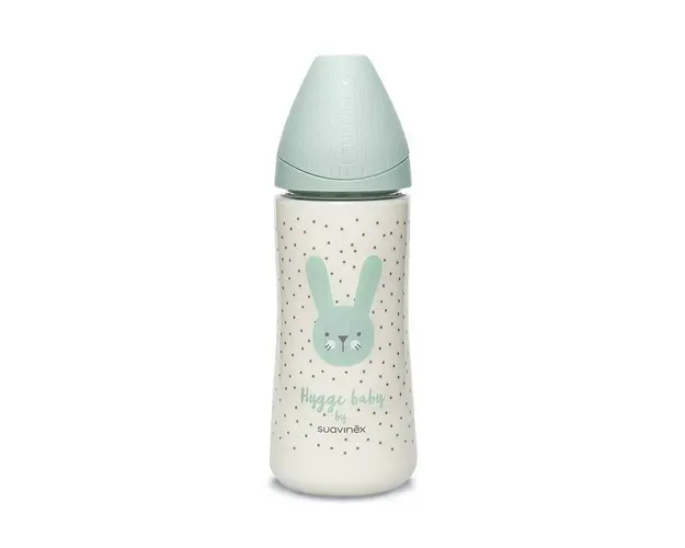 Biberon cu tetina rotunda din silicon debit dens Hygge Suavinex 360 ml iepuras verde