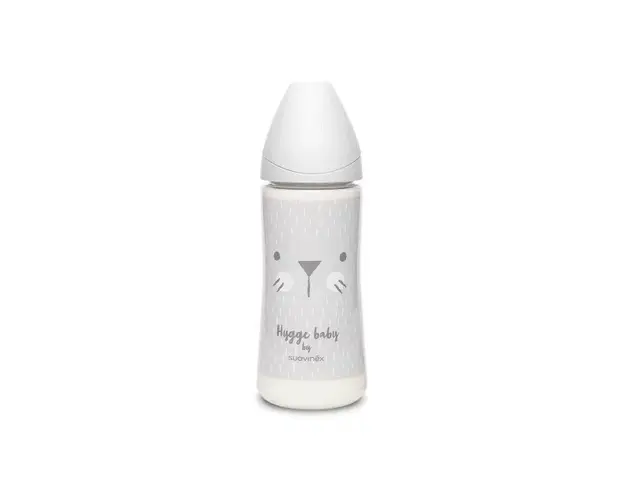 Biberon 360 ml cu tetina rotunda din silicon Hygge Suavinex debit dens pisica gri
