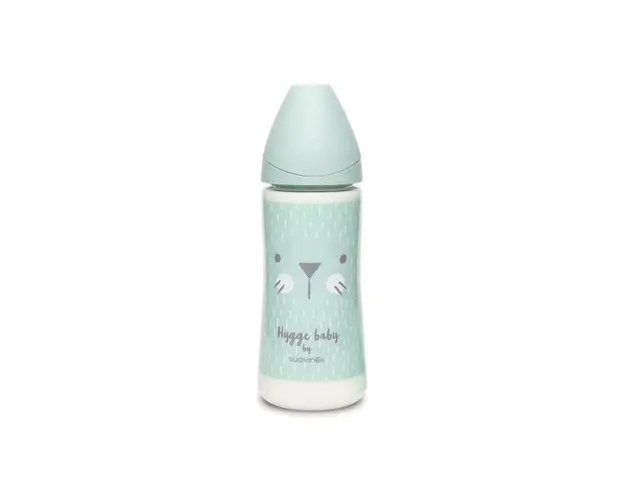 Biberon 360 ml cu tetina rotunda din silicon Hygge Suavinex debit dens pisica verde