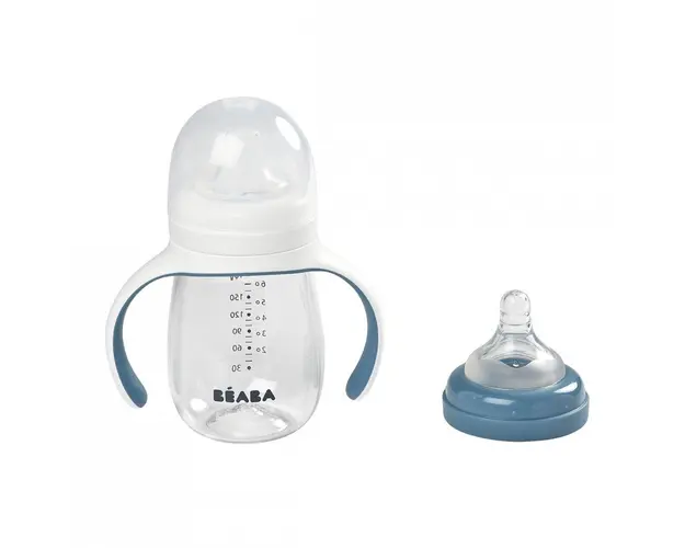 Biberon de invatare 2 in 1 din tritan Beaba 210 ml Windy Blue
