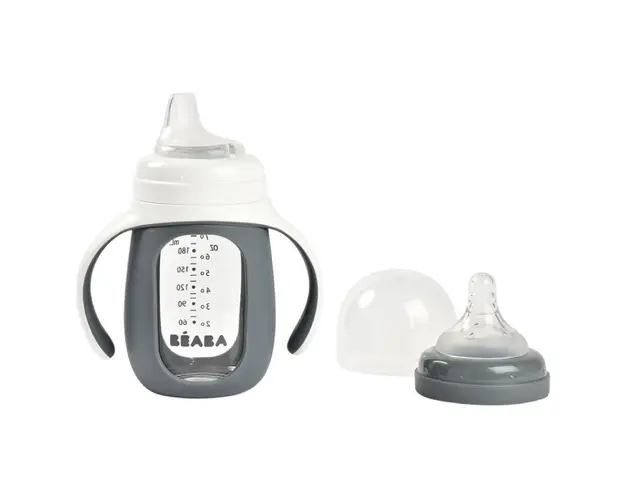 Biberon de invatare 2 in 1 din sticla Beaba 210 ml Mineral Grey