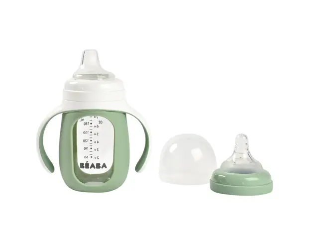 Biberon de invatare 2 in 1 din sticla Beaba 210 ml Sage Green