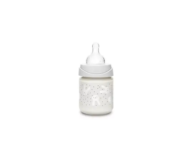 Biberon din sticla cu debit lent iepuras verde Hygge Suavinex 120 ml