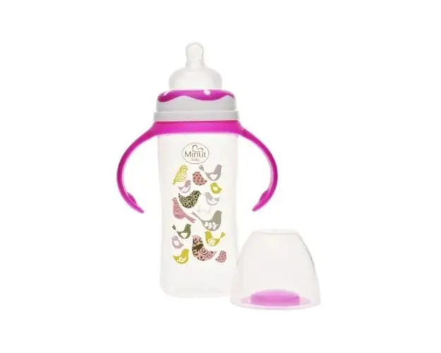 Biberon gat larg cu manere 270 ml cu tetina silicon 3+ Minut Baby roz