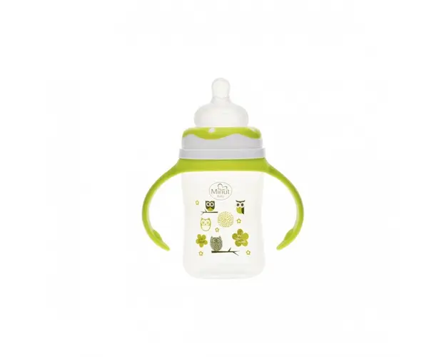 Biberon gat larg cu manere Minut Baby cu tetina silicon 0+ 150 ml verde