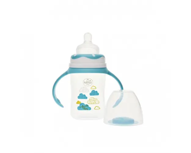 Biberon gat larg cu manere Minut Baby cu tetina silicon 0+ 150 ml turcoaz