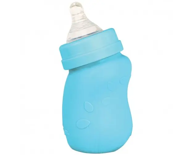 Biberon inclinat din sticla cu protectie de silicon 147ml Green Sprouts Aqua