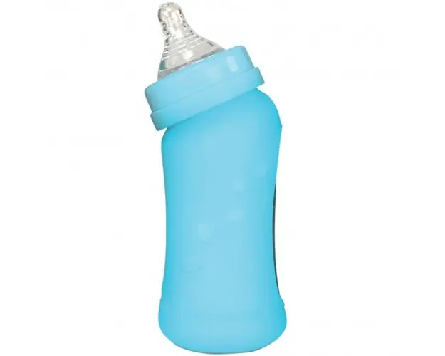 Biberon inclinat din sticla cu protectie de silicon 210 ml Green Sprouts Aqua