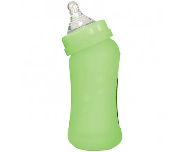 Biberon inclinat din sticla cu protectie de silicon 210 ml Green Sprouts Green