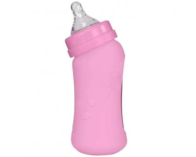 Biberon inclinat din sticla cu protectie de silicon 210 ml Green Sprouts Pink