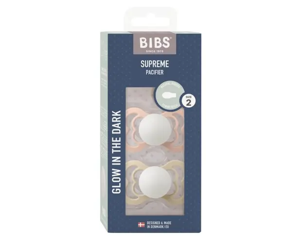 Set 2 suzete Bibs Supreme Fosforescente Glow Latex tetina simetrica 6 luni+ BlushVanilla