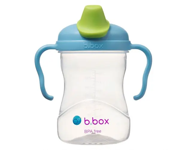 Cana de tranzitie cu cioc de silicon de la b.box 240 ml +4 luni albastru