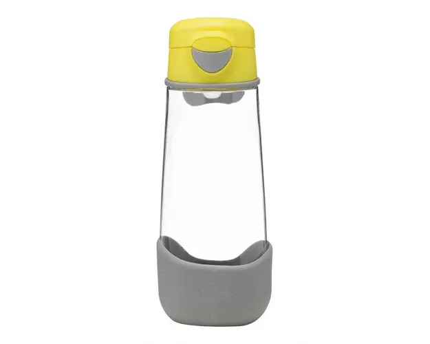 Cana din tritan B.Box cu cioc de silicon si capac automat 600 ml +9 luni galben cu gri