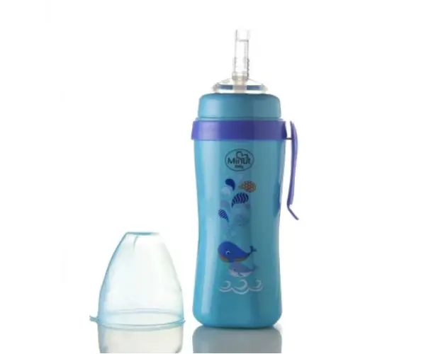 Cana anticurgere cu pai de silicon si clips de prindere 360 ml 6+ bleu