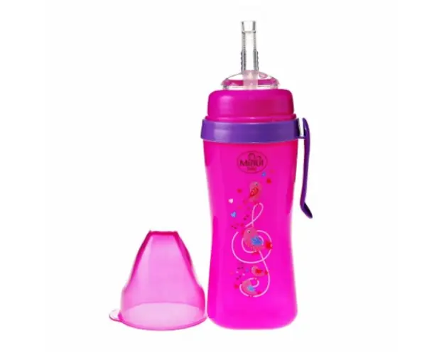 Cana anticurgere cu pai de silicon si clips de prindere 360 ml 6+ roz