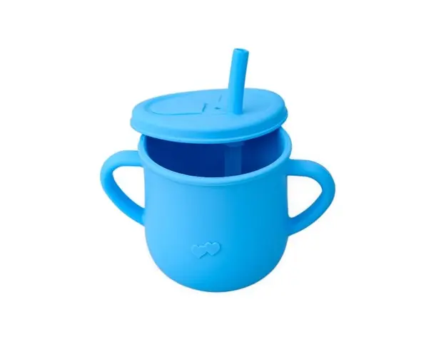 Cana din silicon cu manere si pai pentru copii 200 ml albastru