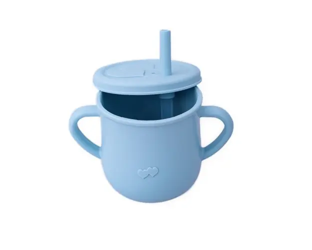 Cana din silicon cu manere si pai pentru copii 200 ml bleu