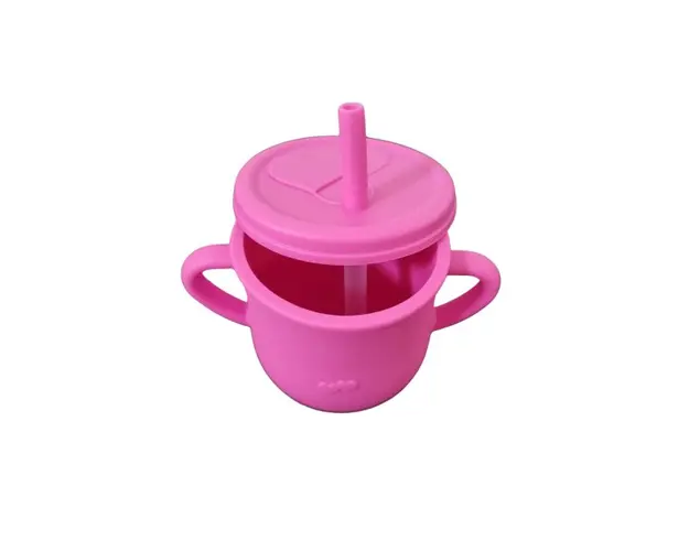 Cana din silicon cu manere si pai pentru copii 200 ml fucsia