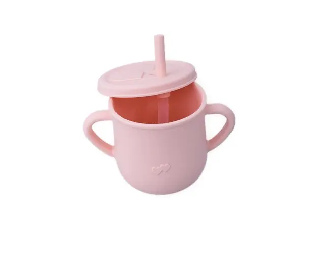 Cana din silicon cu manere si pai pentru copii 200 ml roz pal
