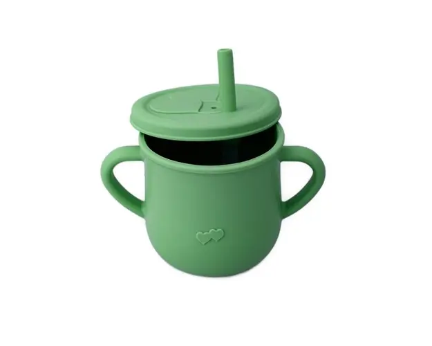 Cana din silicon cu manere si pai pentru copii 200 ml verde pal