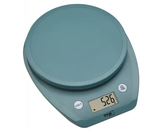 Cantar digital de bucatarie TFA MOCHI cu display LCD capacitate 5 kg Turcoaz