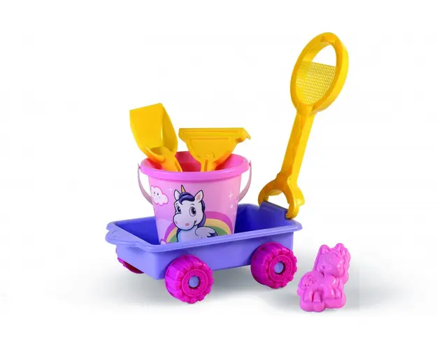 Carucior cu unelte pentru nisip si galetusa inclusa Unicorn