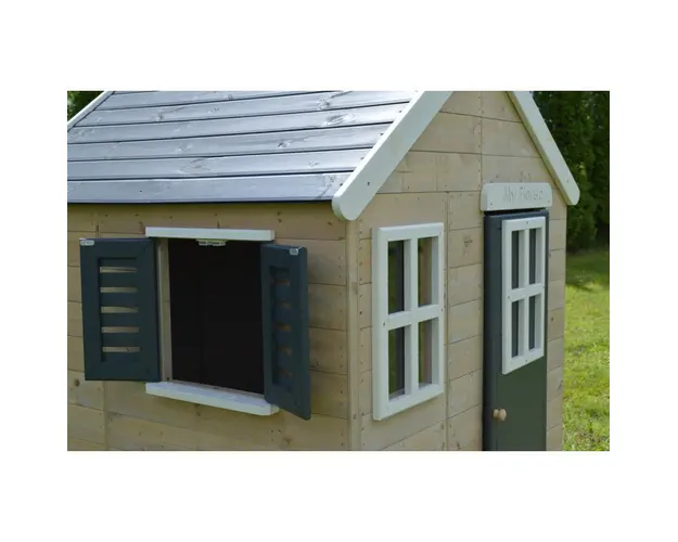 Casuta de gradina grey Lodge cu platforma, tobogan si leagan dublu