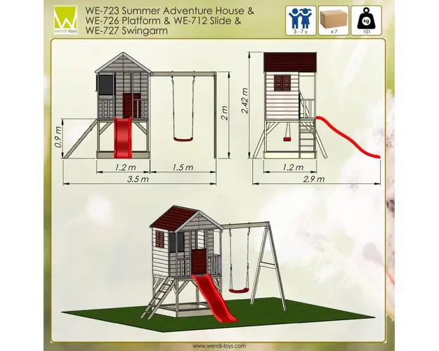Casuta de gradina Summer Adventure House cu platforma cu loc pentru nisip, tobogan si leagan M9