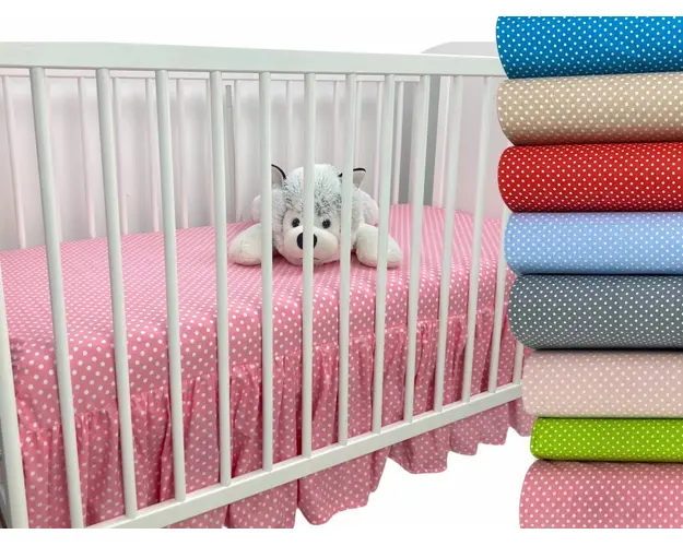 Cearsaf 140x70 cm cu volanas in fata din bumbac cu imprimeu Bulinute albe