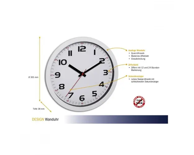 Ceas analog silentios de perete cu capac din sticla cifre mari alb
