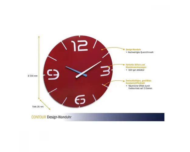 Ceas de perete colorat analog creat de designer model Contour rosu