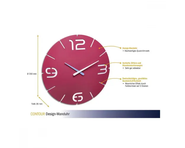 Ceas de perete colorat analog creat de designer model Contour roz