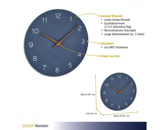 Ceas silentios de precizie din lemn analog de perete design minimalist albastru