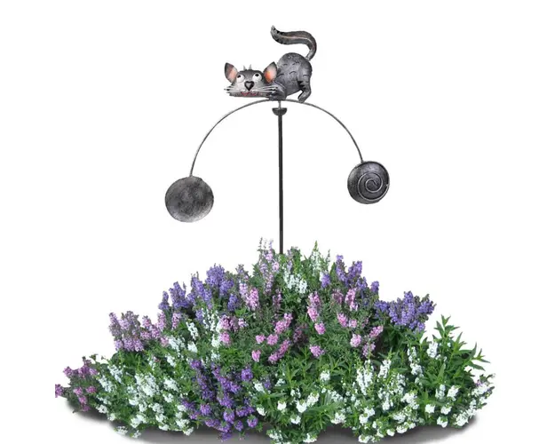 Decoratiune metalica gradina Pisica gri la panda Pendul 116 cm