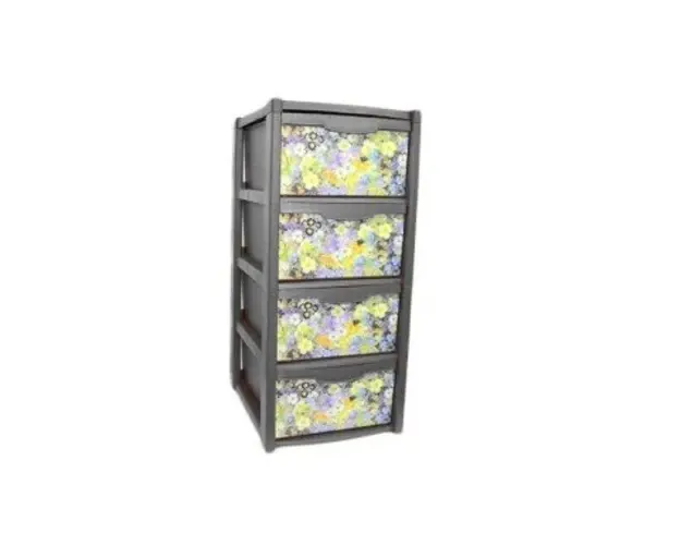 Dulap gri pentru depozitare din plastic cu 4 sertare model cu floricele mici multicolore