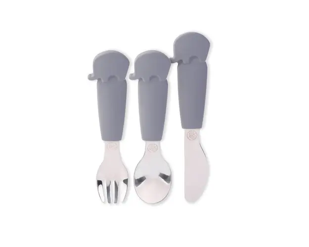 Set de cutit, furculita si lingurita din inox si silicon argintiu Ecorascals