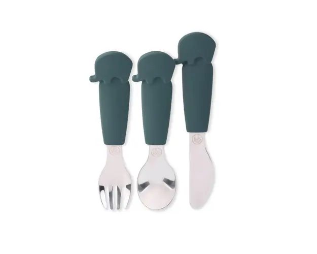 Set de cutit, furculita si lingurita din inox si silicon teal Ecorascals